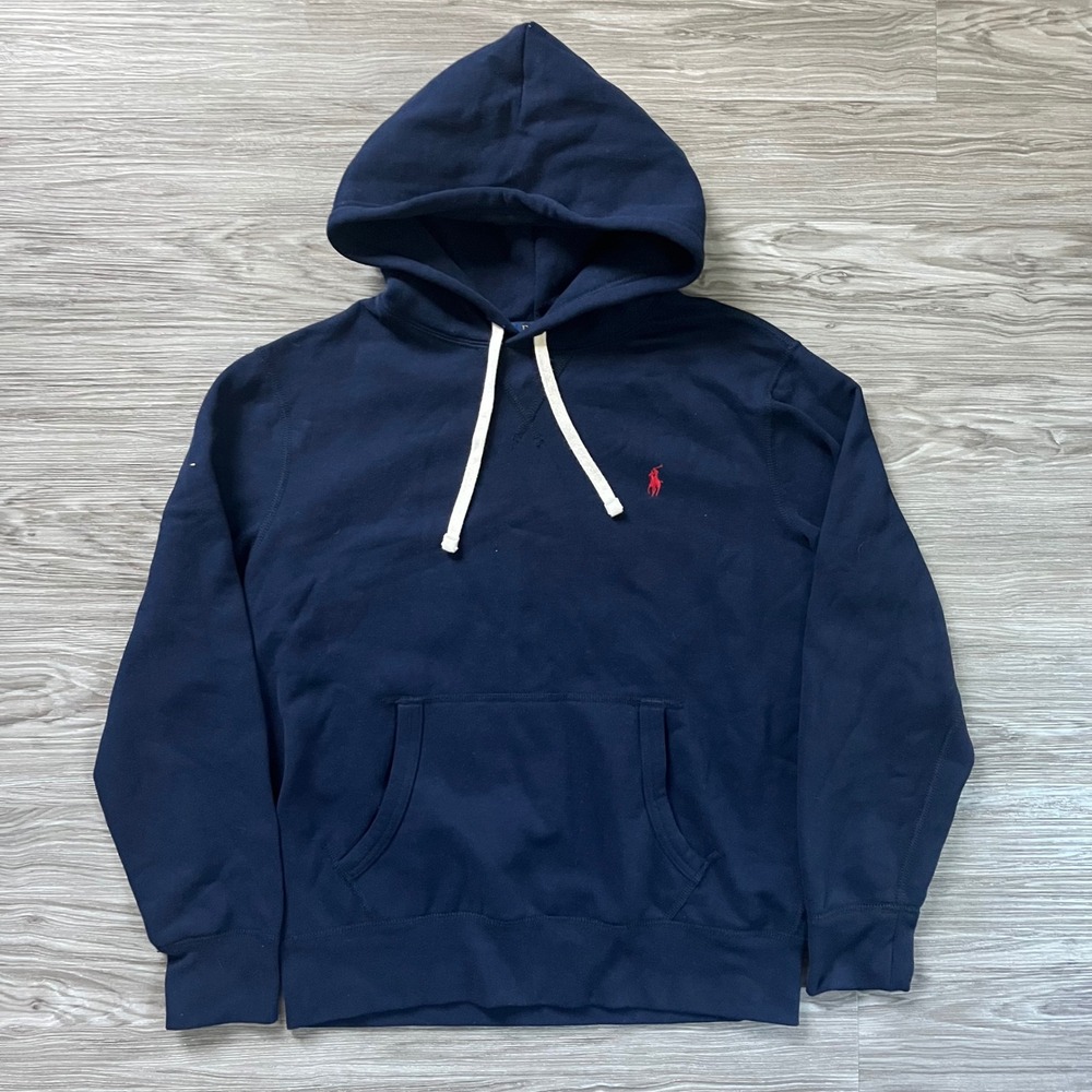 Polo Ralph Lauren Mens Navy Blue Fleece Hoodie Red Pony Logo Sweatshirt Medium